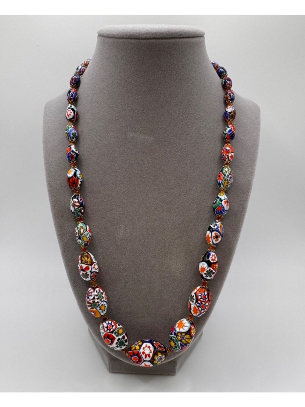 Vintage Italian Murano Millefiori Glass Graduated Oval Necklace 21” Smooth